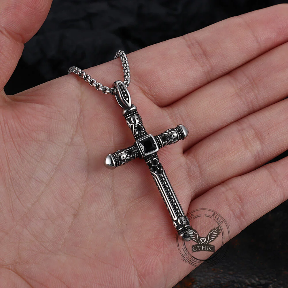 Vintage Gemstone Cross Skull Stainless Steel Pendant