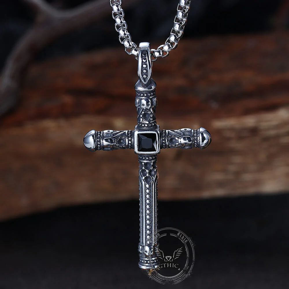 Vintage Gemstone Cross Skull Stainless Steel Pendant