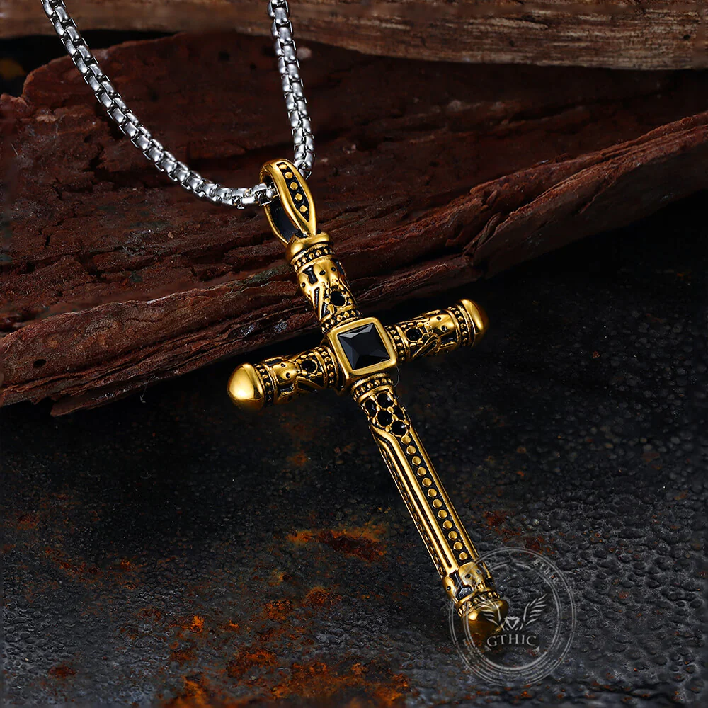 Vintage Gemstone Cross Skull Stainless Steel Pendant