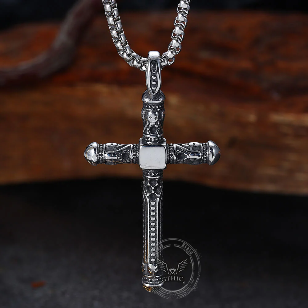 Vintage Gemstone Cross Skull Stainless Steel Pendant