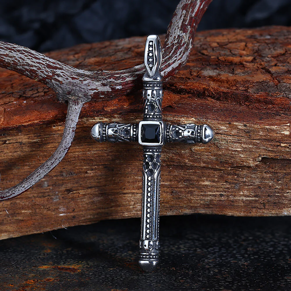 Vintage Gemstone Cross Skull Stainless Steel Pendant