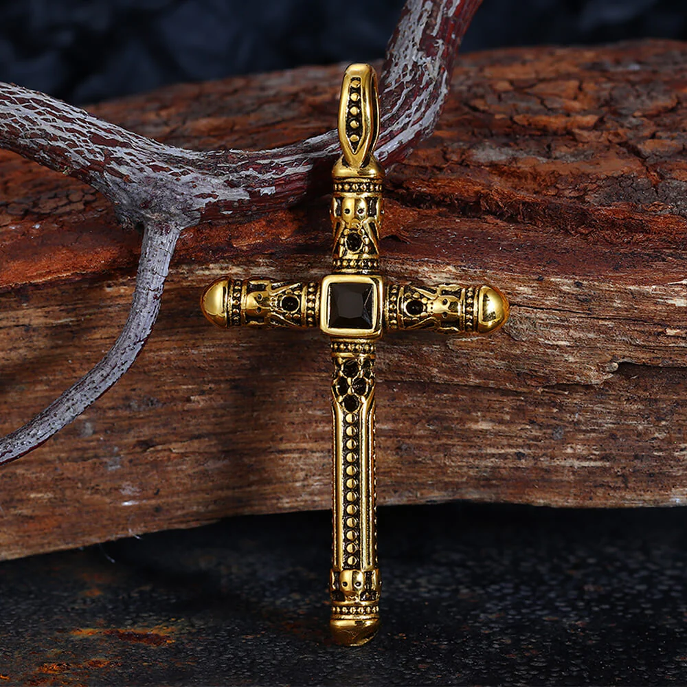 Vintage Gemstone Cross Skull Stainless Steel Pendant
