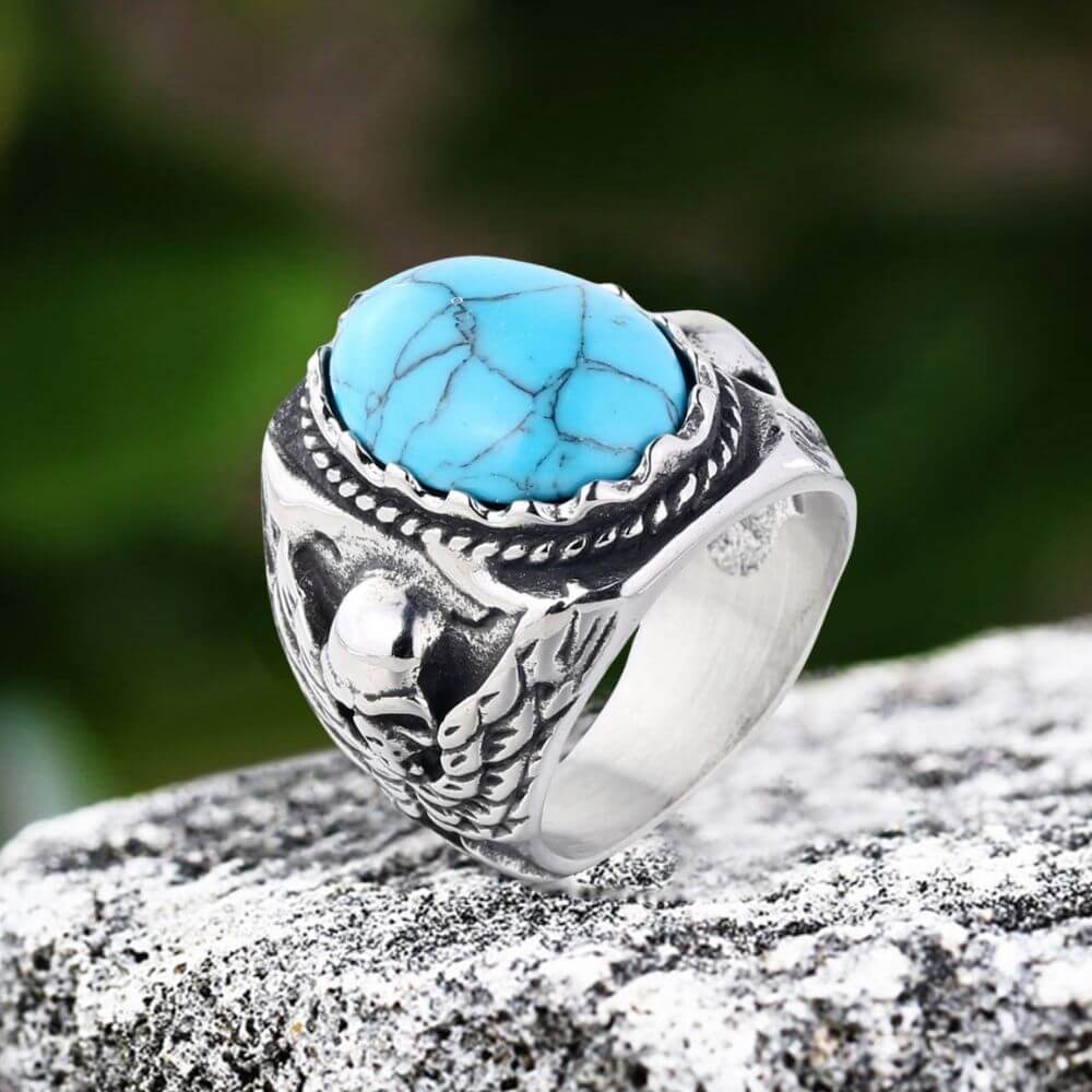 Personalized Vintage Turquoise Stainless Steel Skull Ring