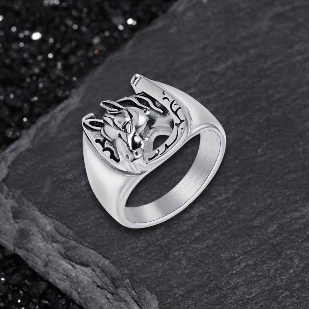 Vintage Horseshoe Horse Head Stainless Steel Ring