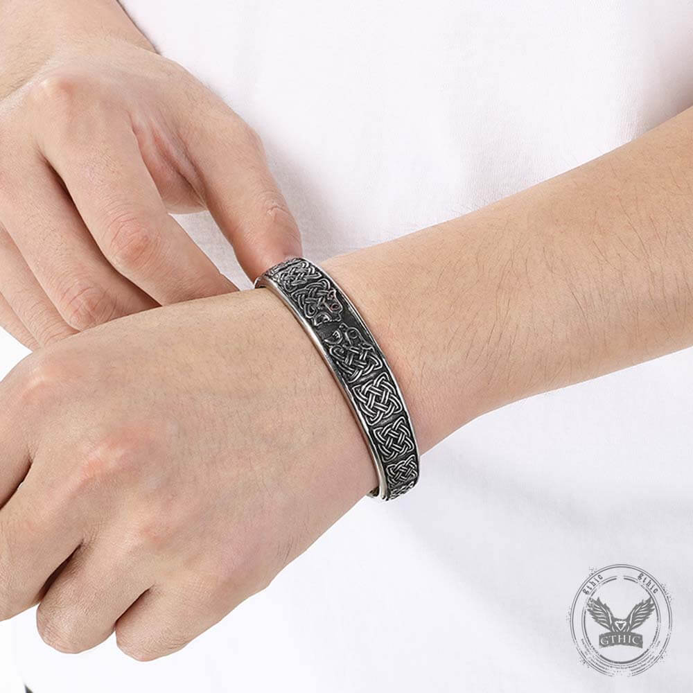 Viking Celtic Knot Wolf Head Stainless Steel Open Bracelet