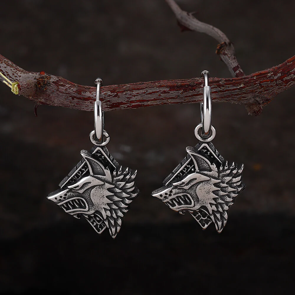 Viking Rune Wolf Head Stainless Steel Earrings