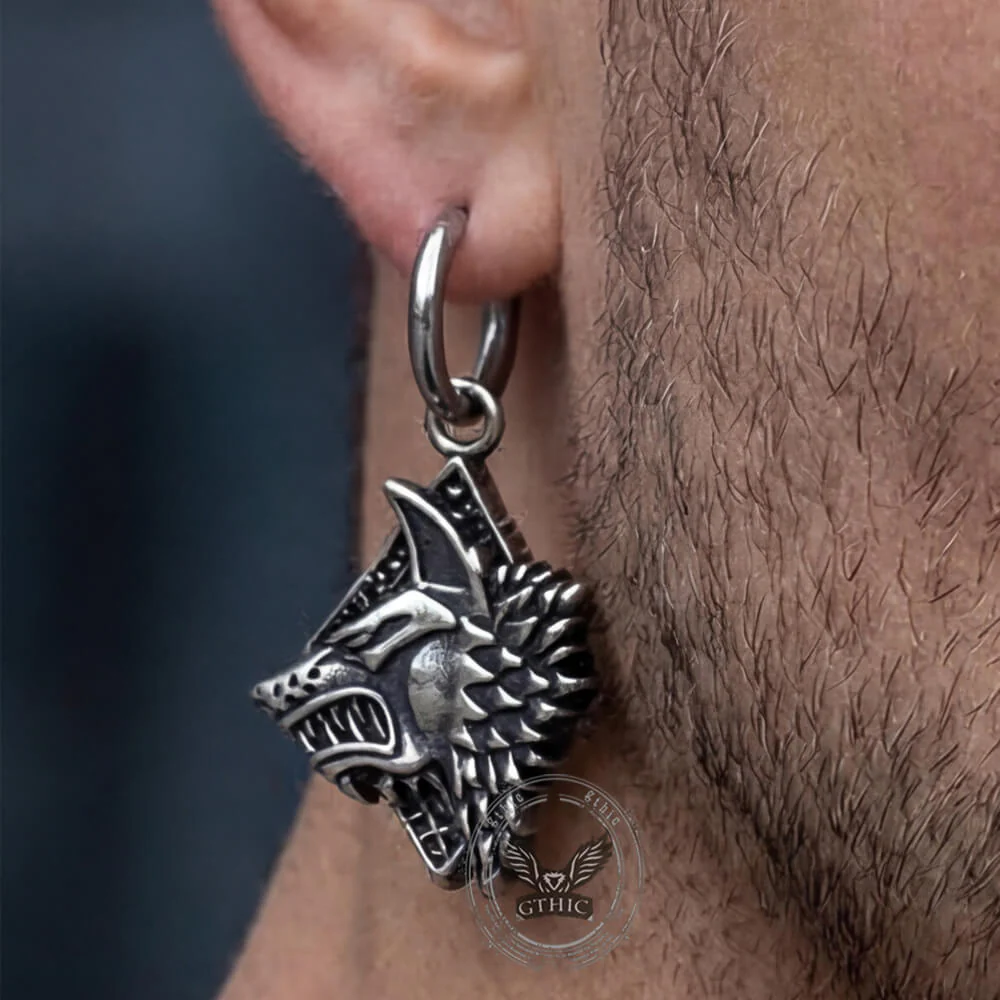 Viking Rune Wolf Head Stainless Steel Earrings