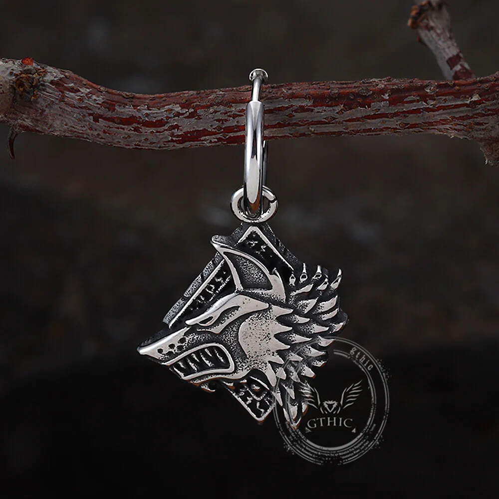 Viking Rune Wolf Head Stainless Steel Earrings