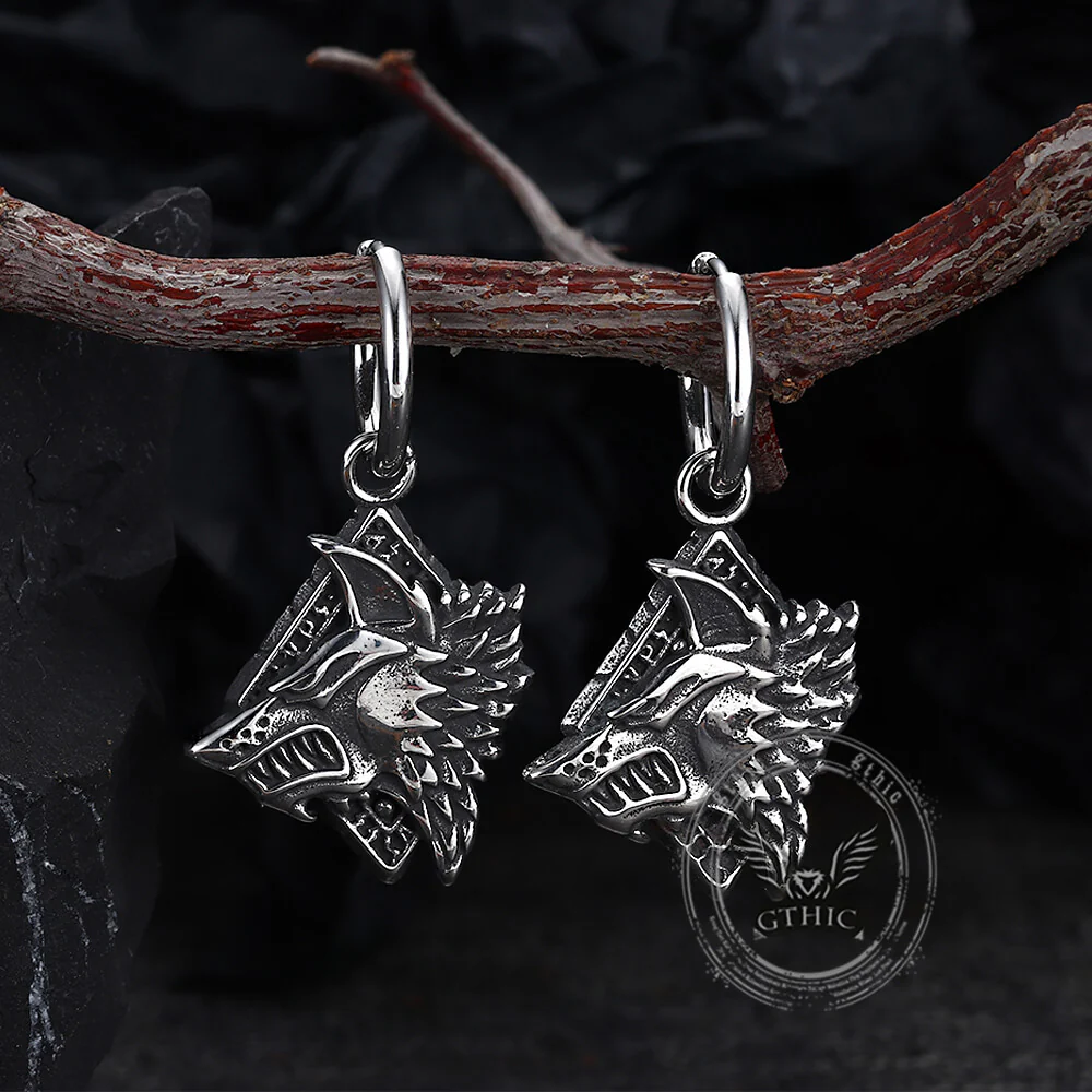 Viking Rune Wolf Head Stainless Steel Earrings