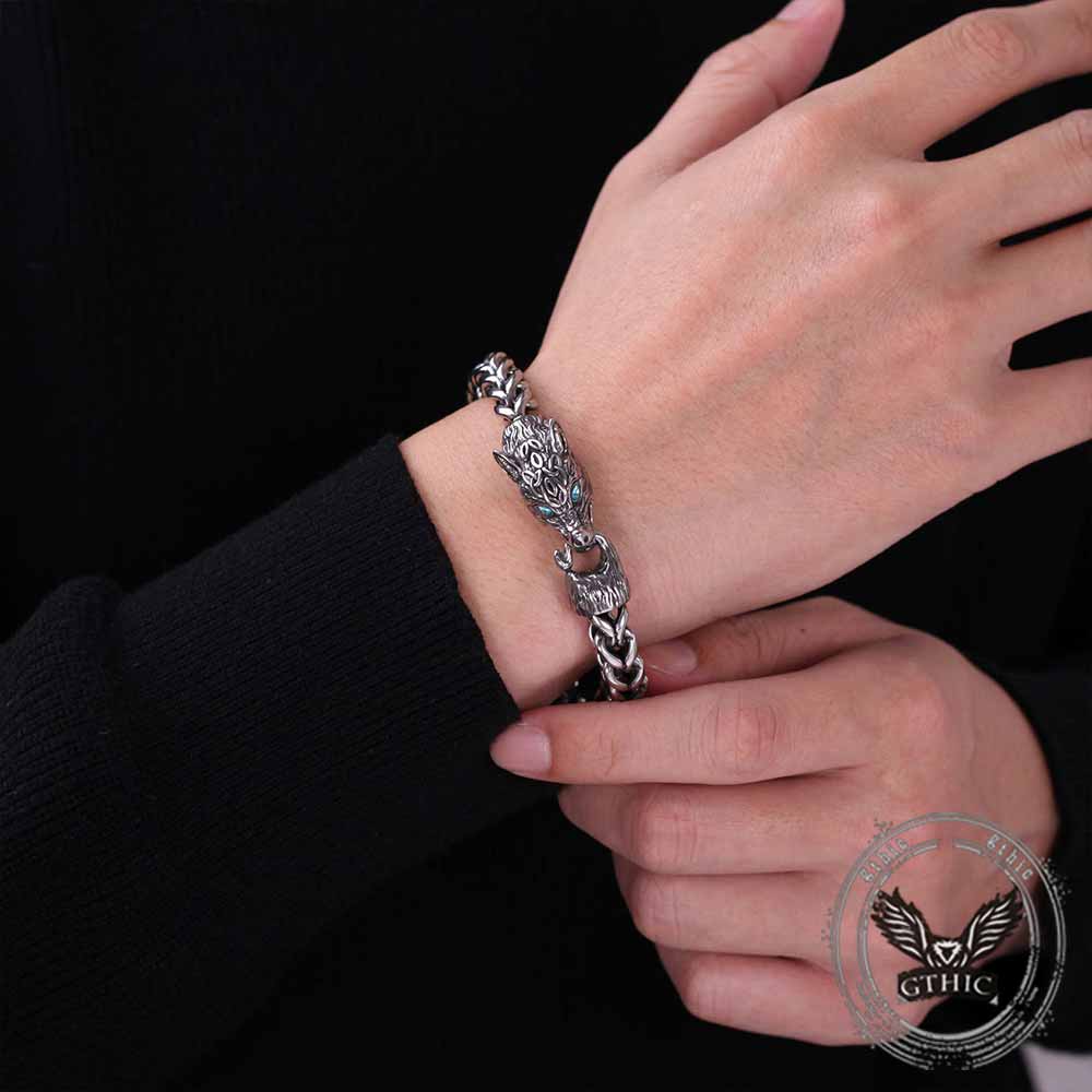 Fenrir Wolf Head Gem Eye Stainless Steel Bracelet