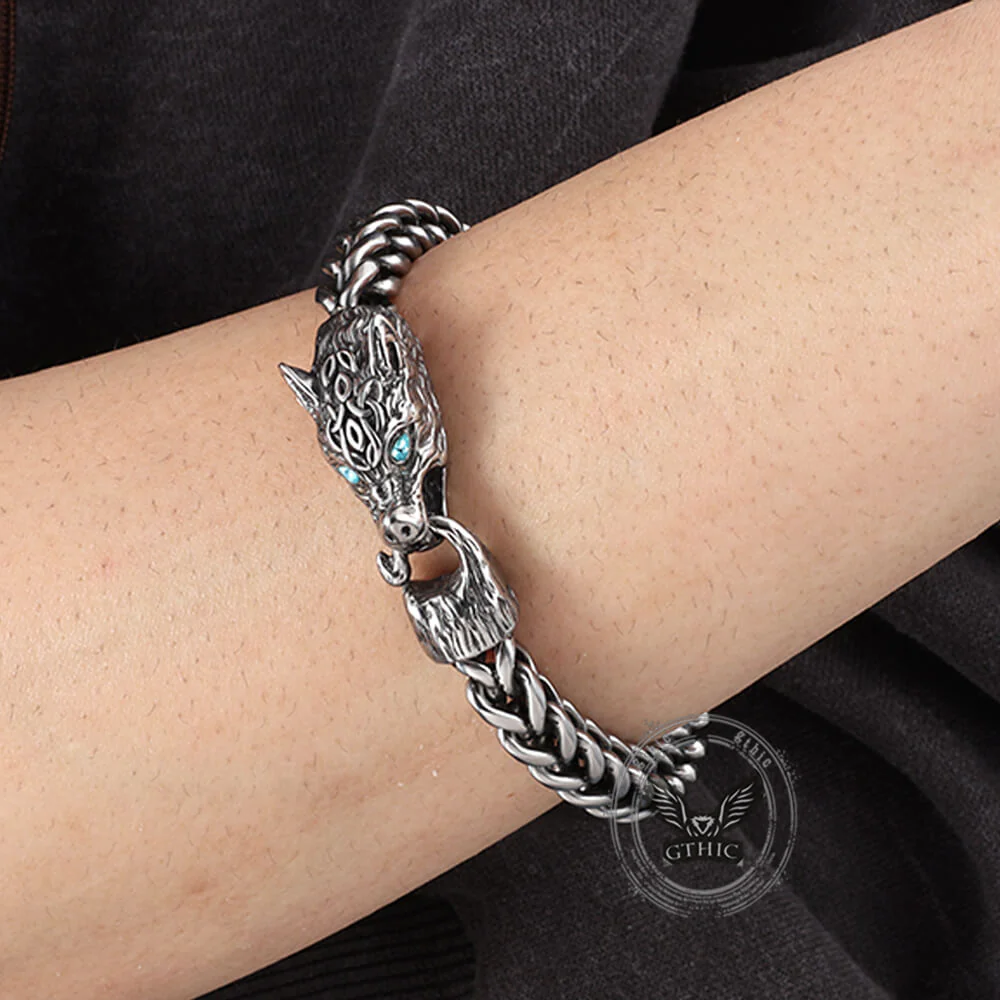 Fenrir Wolf Head Gem Eye Stainless Steel Bracelet