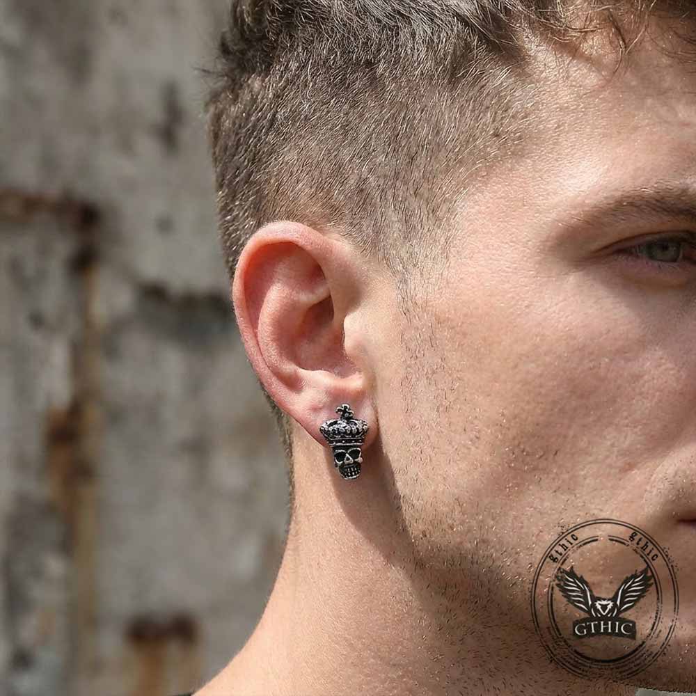Vintage Cross Crown Skull Stainless Steel Stud Earrings