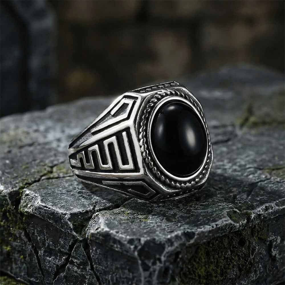 Vintage Black Gemstone Stainless Steel Versatile Ring