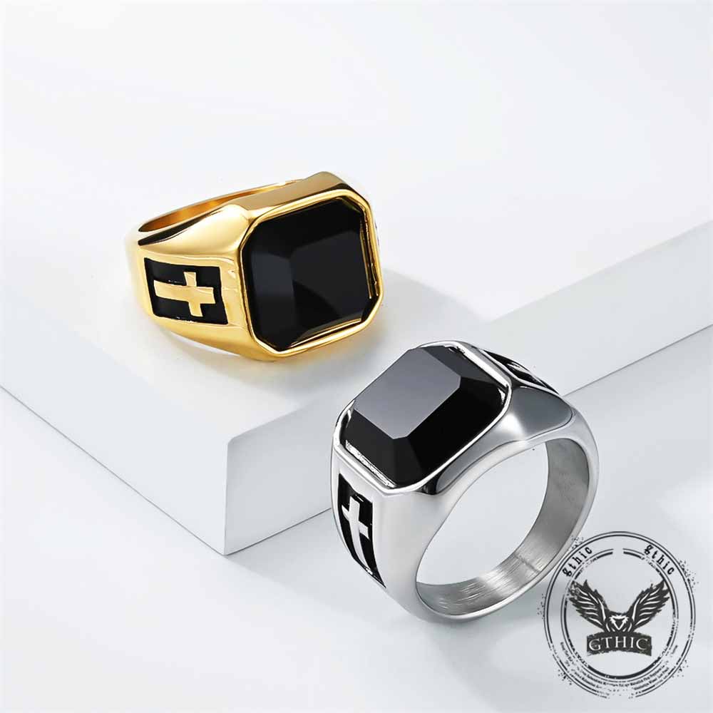 Vintage Cross Black Gemstone Stainless Steel Ring
