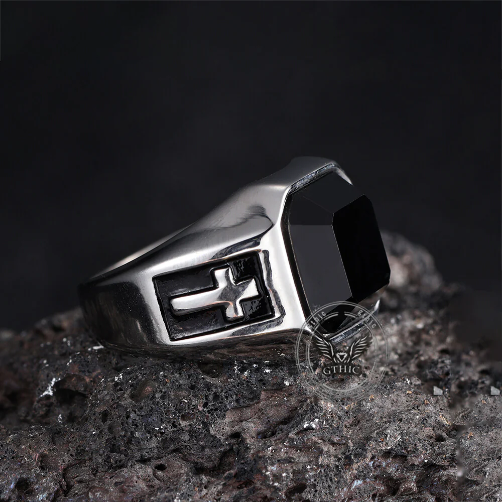 Vintage Cross Black Gemstone Stainless Steel Ring