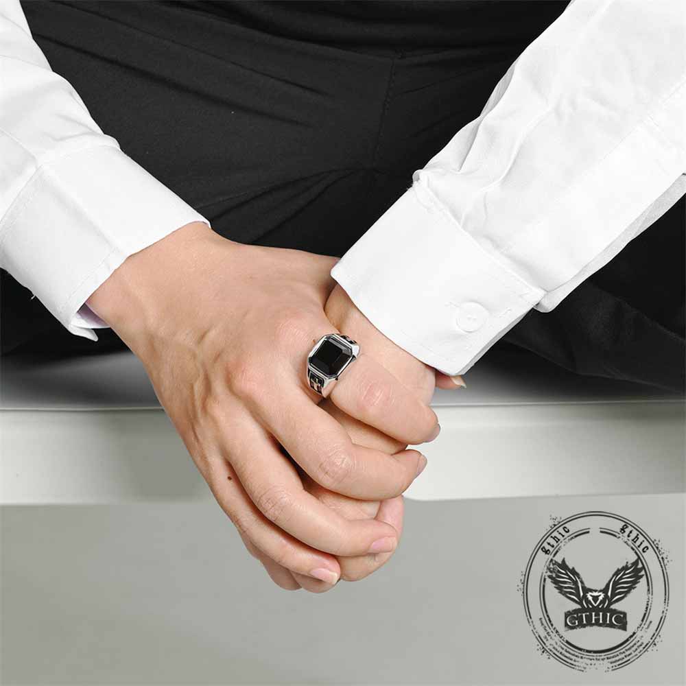 Vintage Cross Black Gemstone Stainless Steel Ring