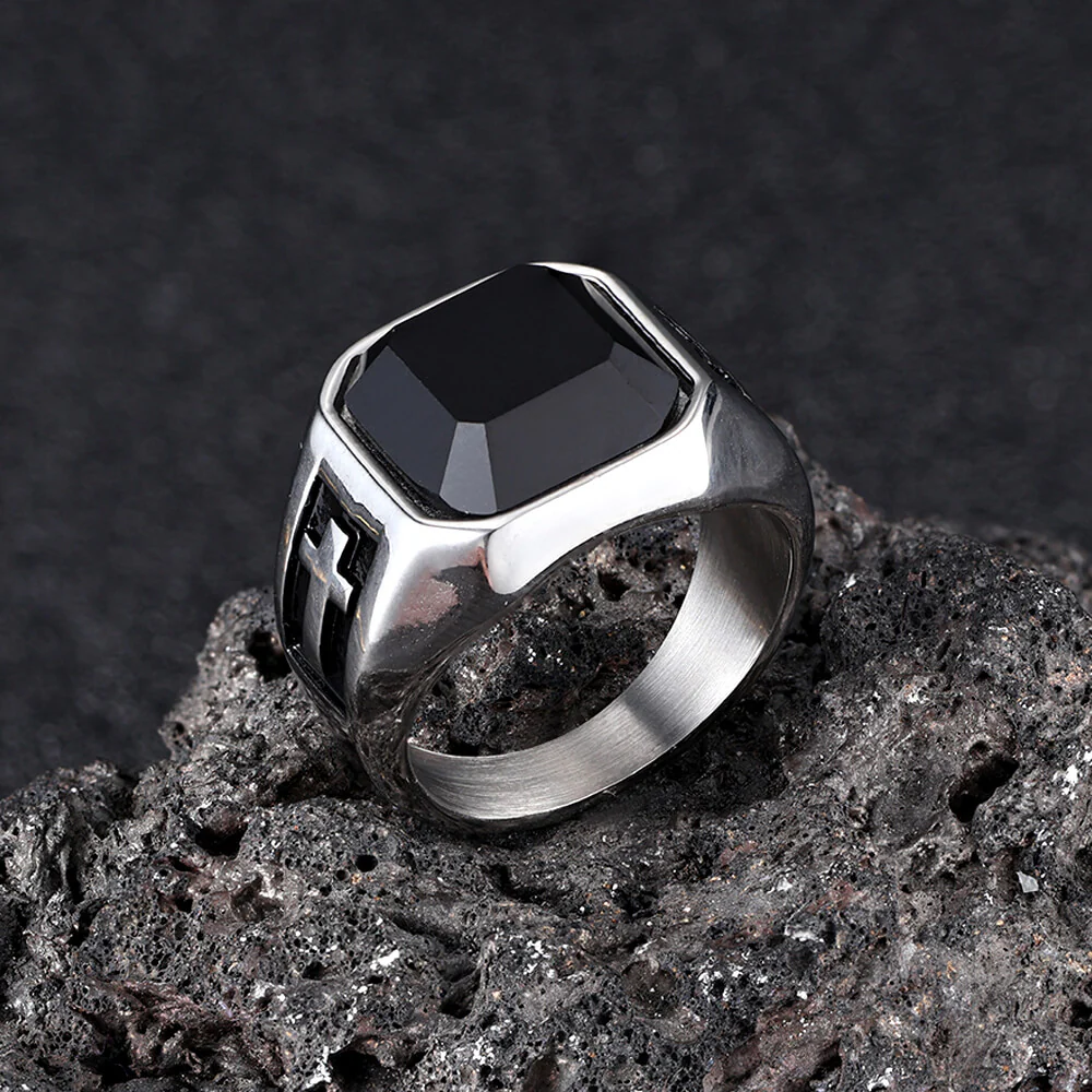 Vintage Cross Black Gemstone Stainless Steel Ring