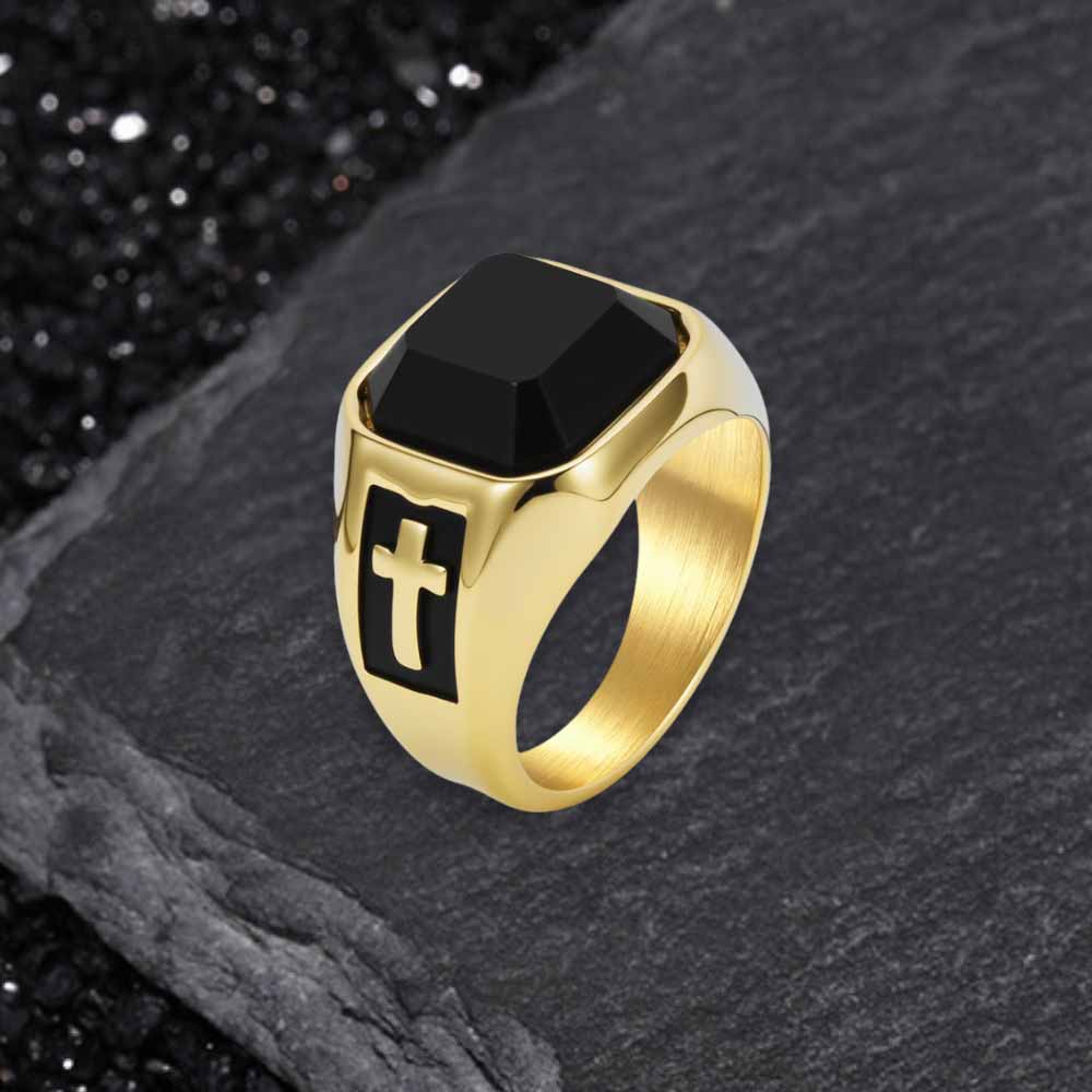 Vintage Cross Black Gemstone Stainless Steel Ring