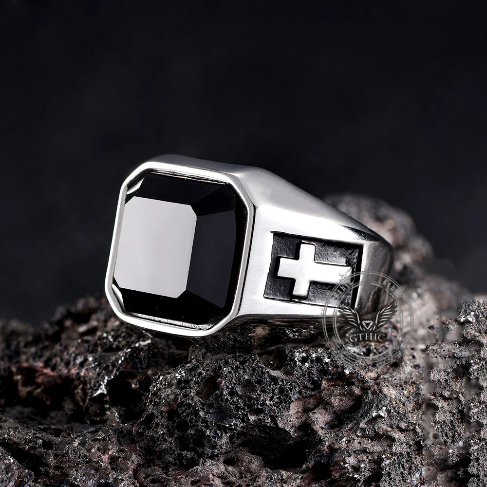 Vintage Cross Black Gemstone Stainless Steel Ring