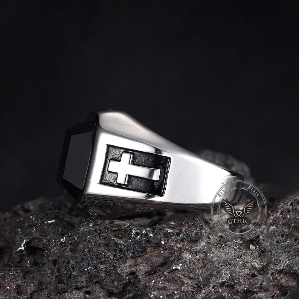 Vintage Cross Black Gemstone Stainless Steel Ring