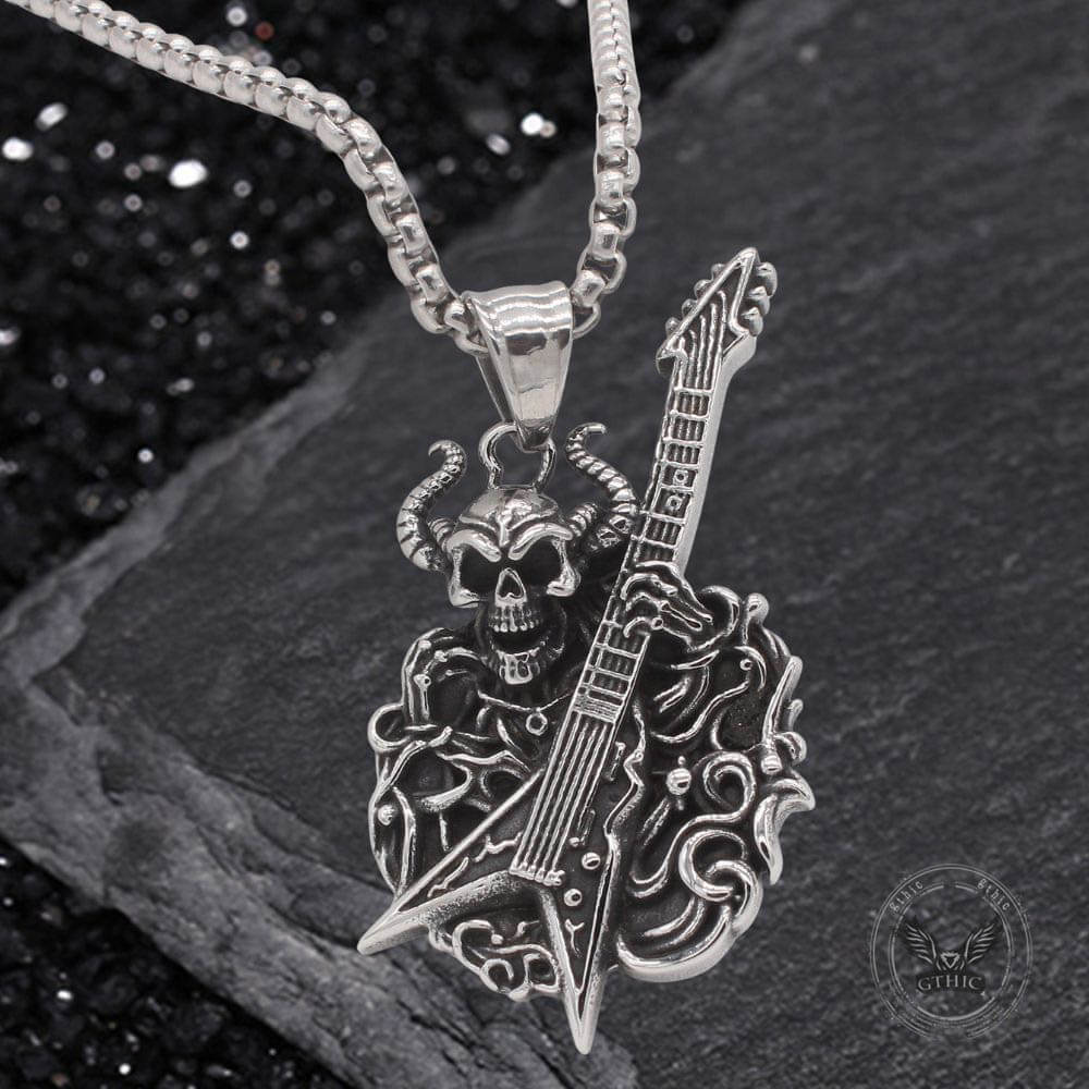 Punk Satan Skull Guitar-Playing Stainless Steel Pendant