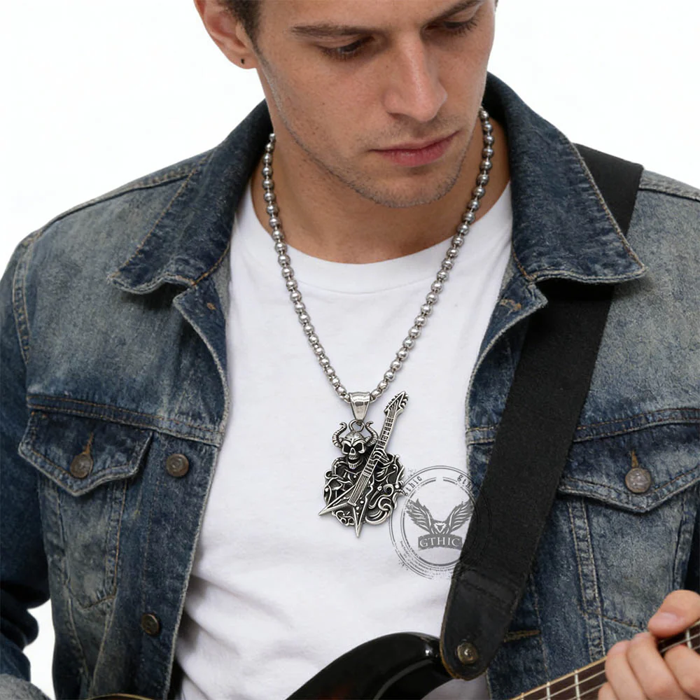Punk Satan Skull Guitar-Playing Stainless Steel Pendant