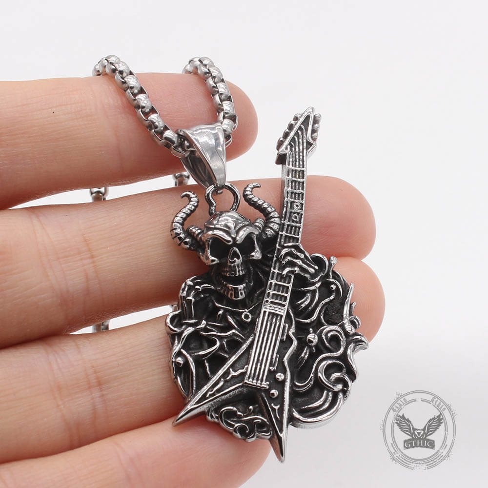 Punk Satan Skull Guitar-Playing Stainless Steel Pendant