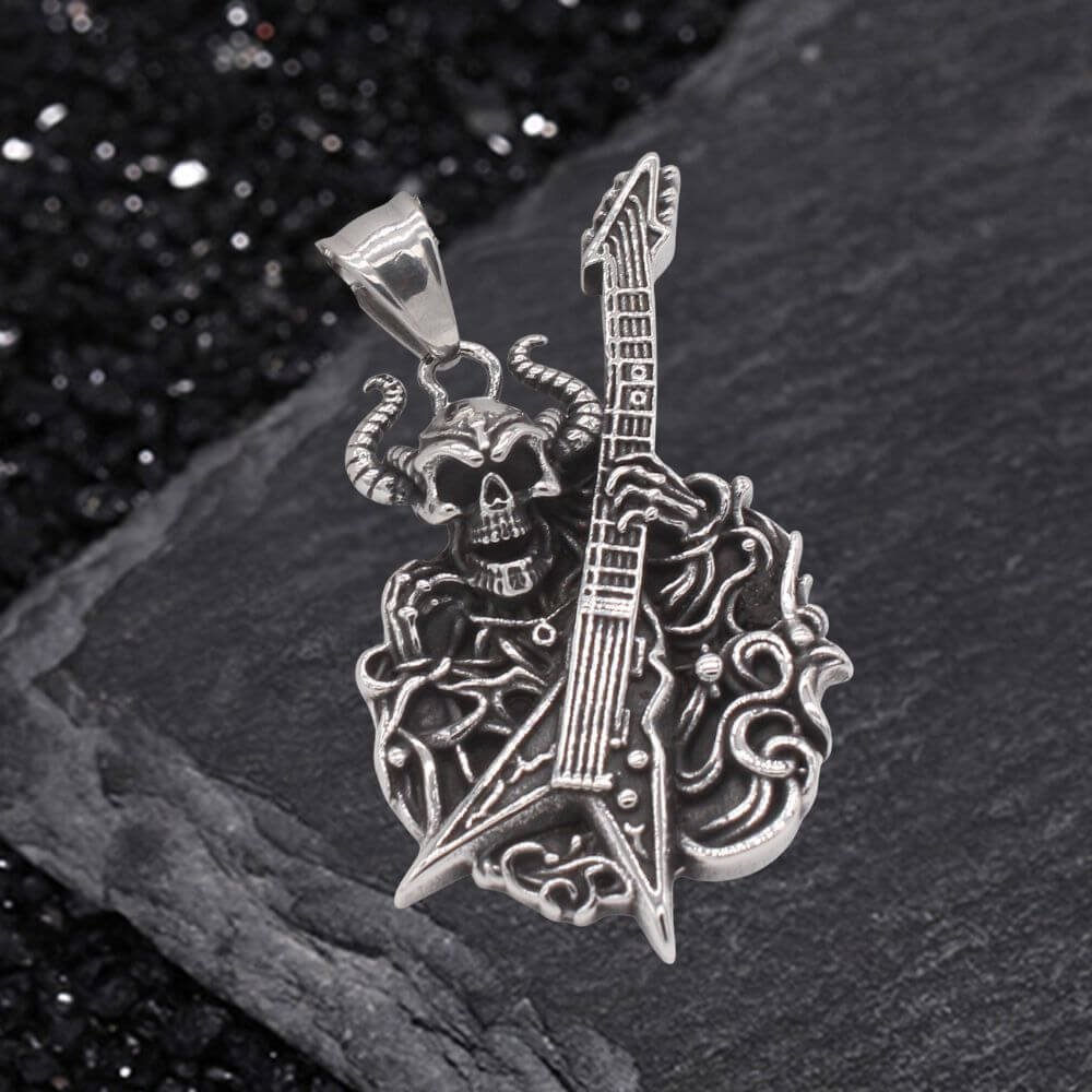 Punk Satan Skull Guitar-Playing Stainless Steel Pendant