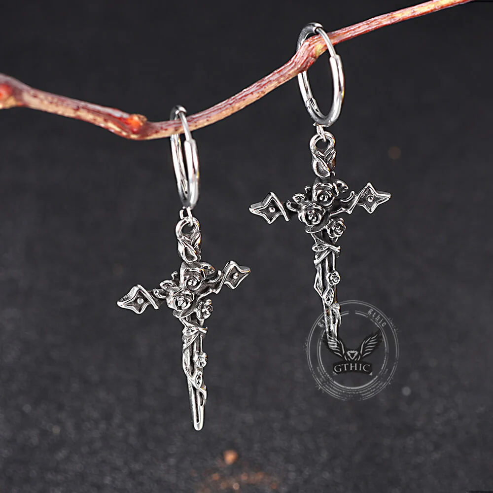 Gothic Forbidden Rose Cross Stainless Steel Hoop Earrings