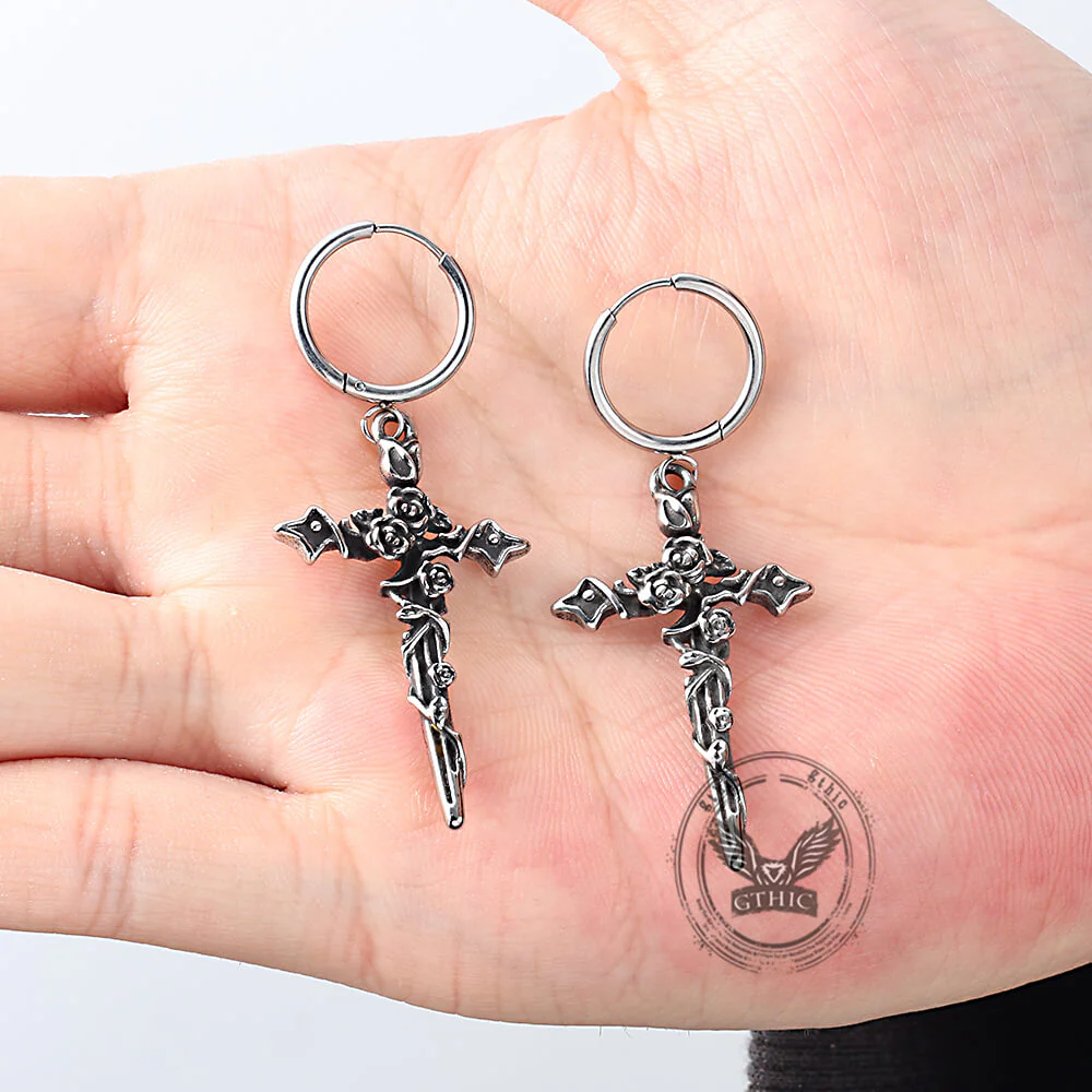 Gothic Forbidden Rose Cross Stainless Steel Hoop Earrings
