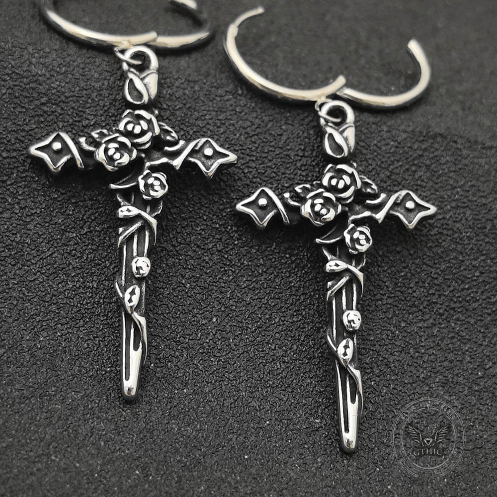 Gothic Forbidden Rose Cross Stainless Steel Hoop Earrings