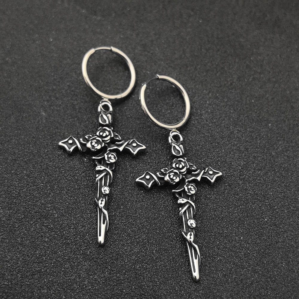 Gothic Forbidden Rose Cross Stainless Steel Hoop Earrings