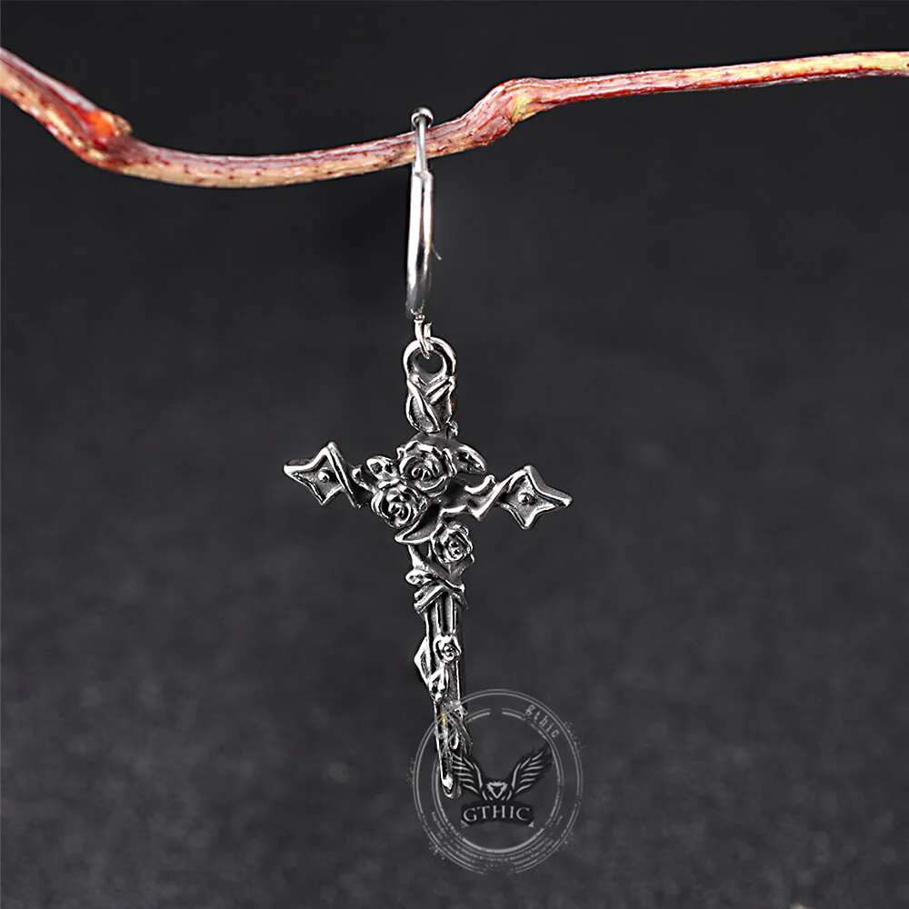 Gothic Forbidden Rose Cross Stainless Steel Hoop Earrings