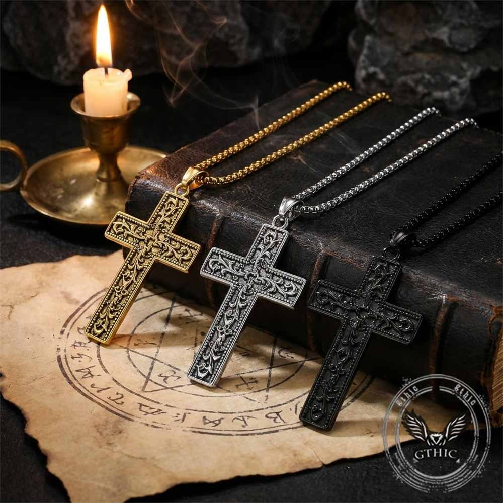 Vintage Vine Cross Stainless Steel Pendant
