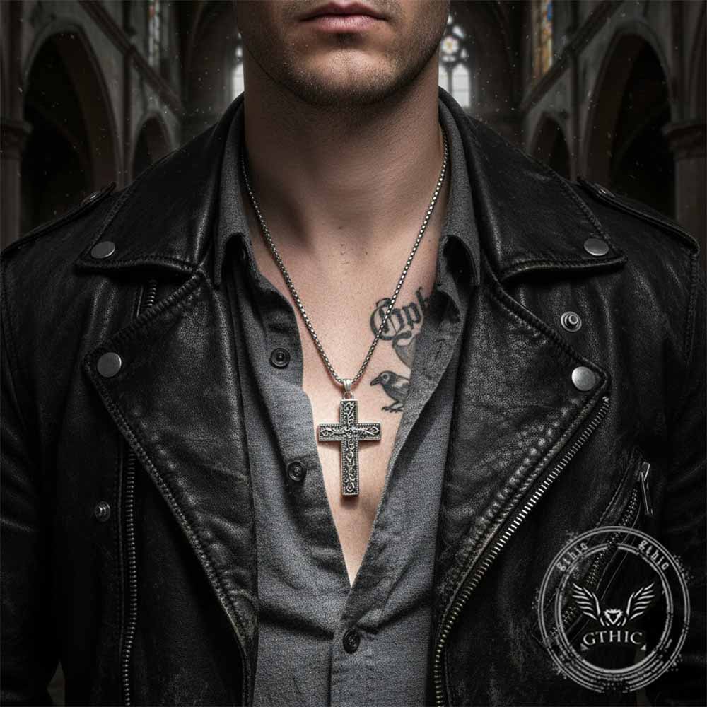 Vintage Vine Cross Stainless Steel Pendant