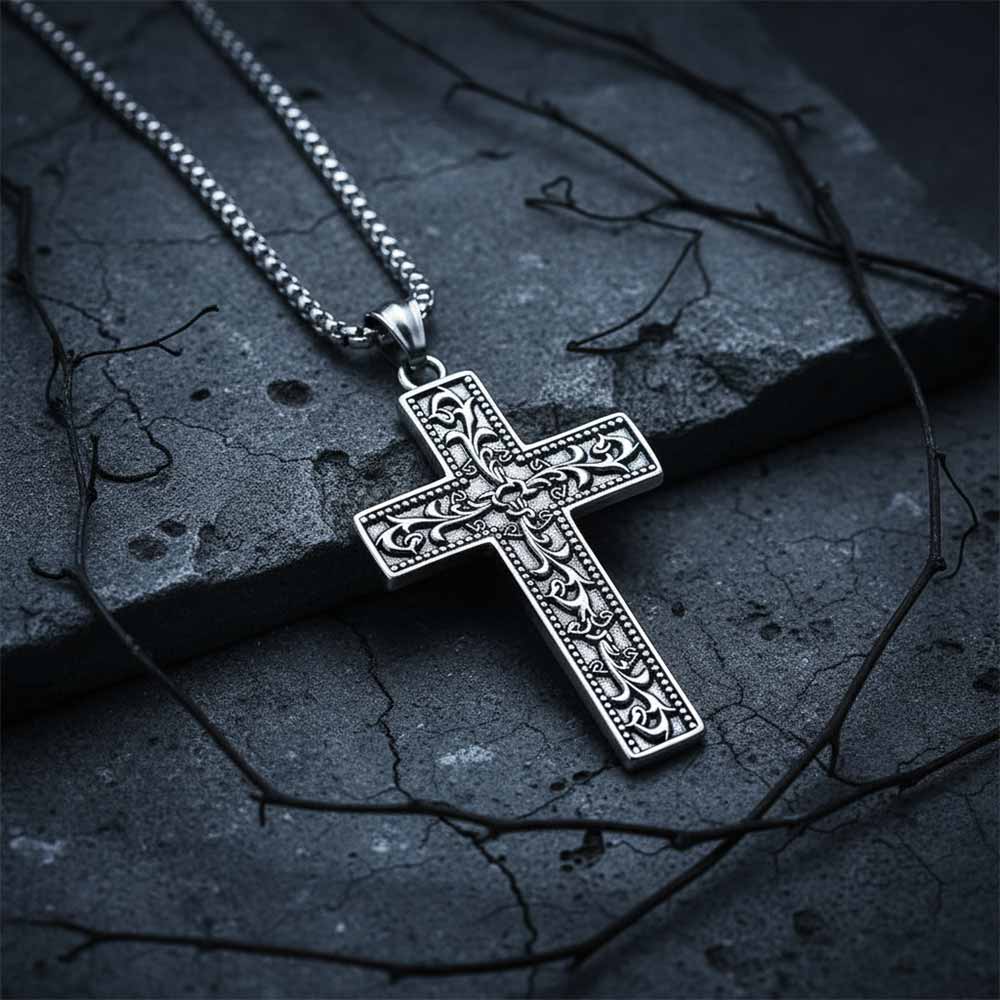 Vintage Vine Cross Stainless Steel Pendant