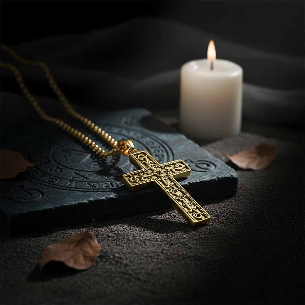 Vintage Vine Cross Stainless Steel Pendant