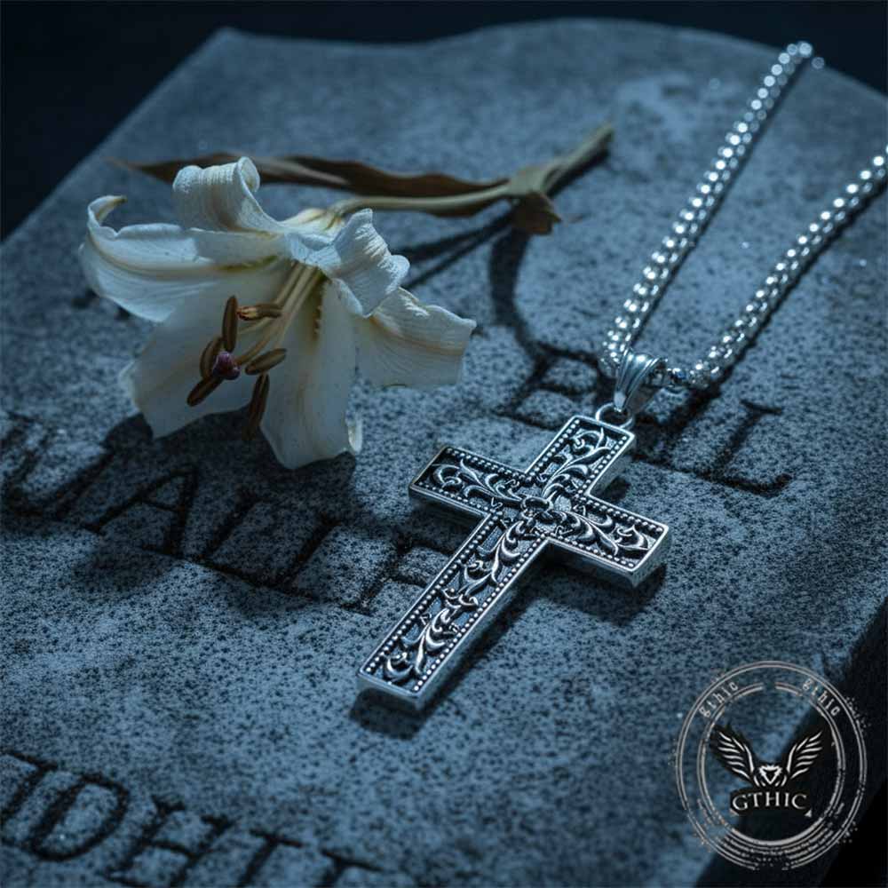 Vintage Vine Cross Stainless Steel Pendant