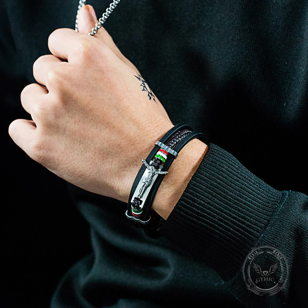 19056-punk-jesus-suffering-leather-woven-stainless-steel-bracelet-2.webp Punk Jesus Suffering Leather Woven Stainless Steel Bracelet