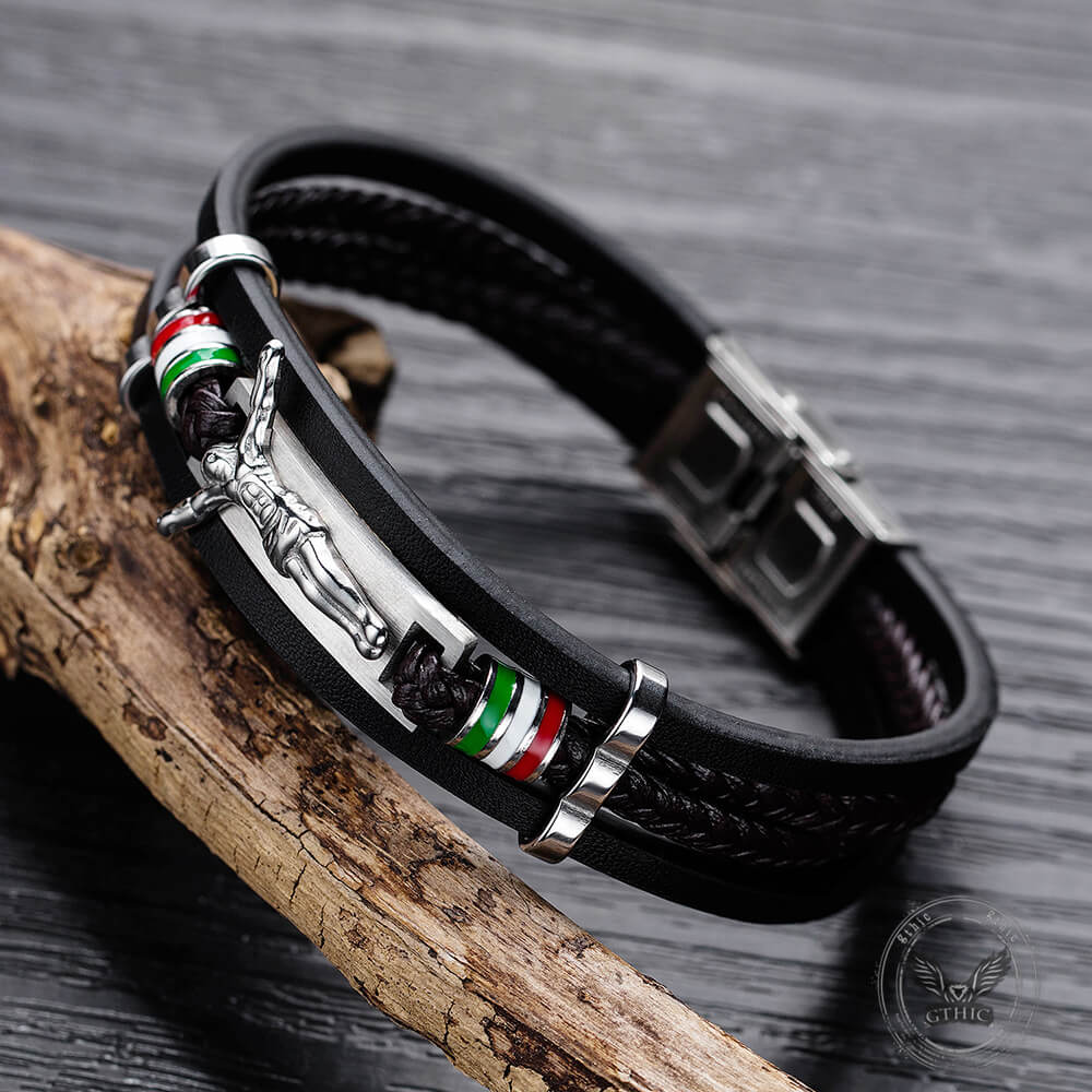 19056-punk-jesus-suffering-leather-woven-stainless-steel-bracelet-3.jpg Punk Jesus Suffering Leather Woven Stainless Steel Bracelet