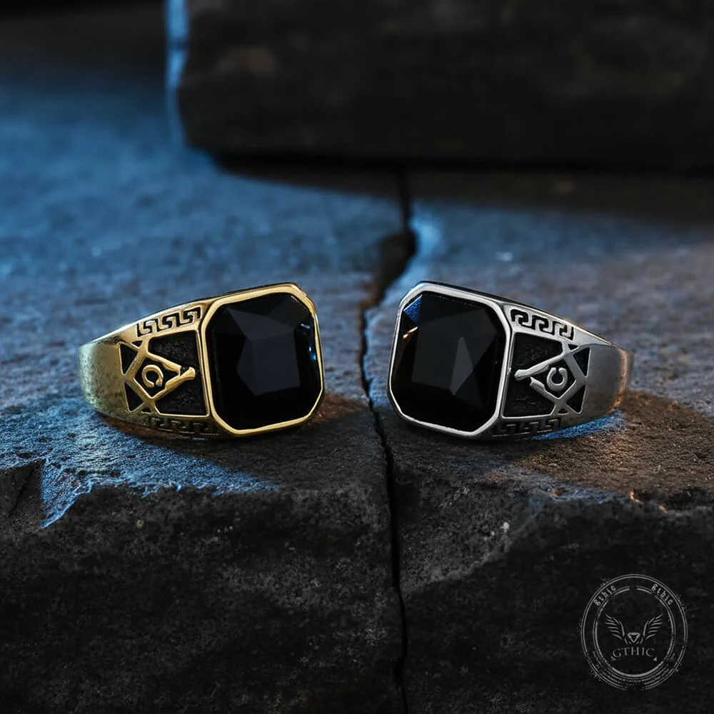 Classic Masonic Black Gem Stainless Steel Ring
