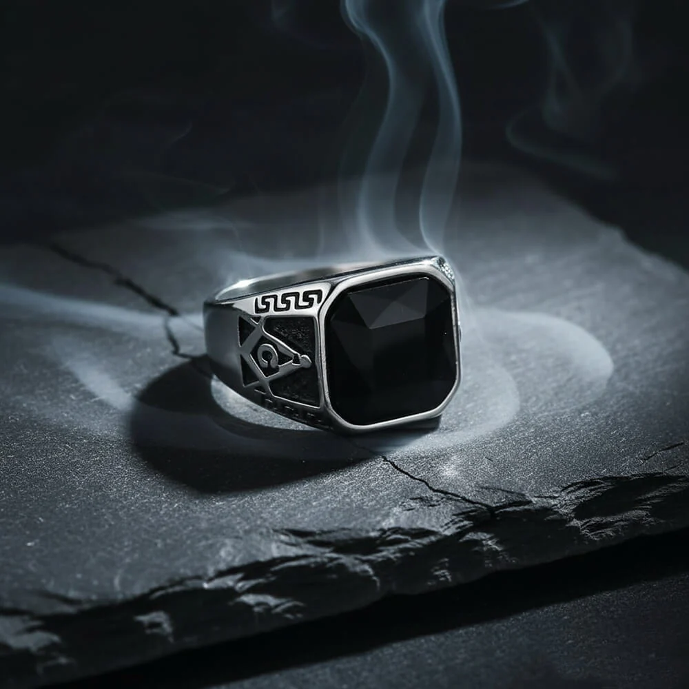 Classic Masonic Black Gem Stainless Steel Ring