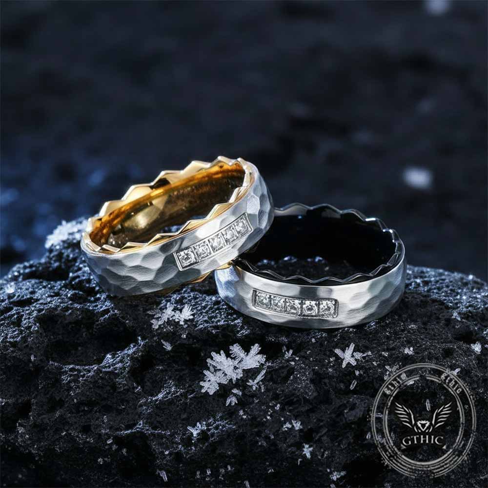 Simple Gem-Set Two-Tone Gear Stainless Steel Ring