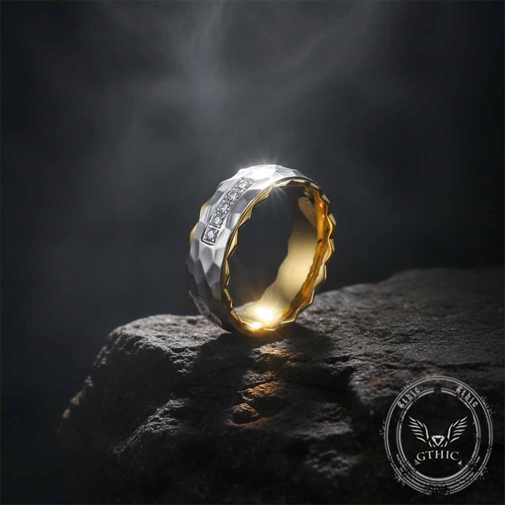 Simple Gem-Set Two-Tone Gear Stainless Steel Ring
