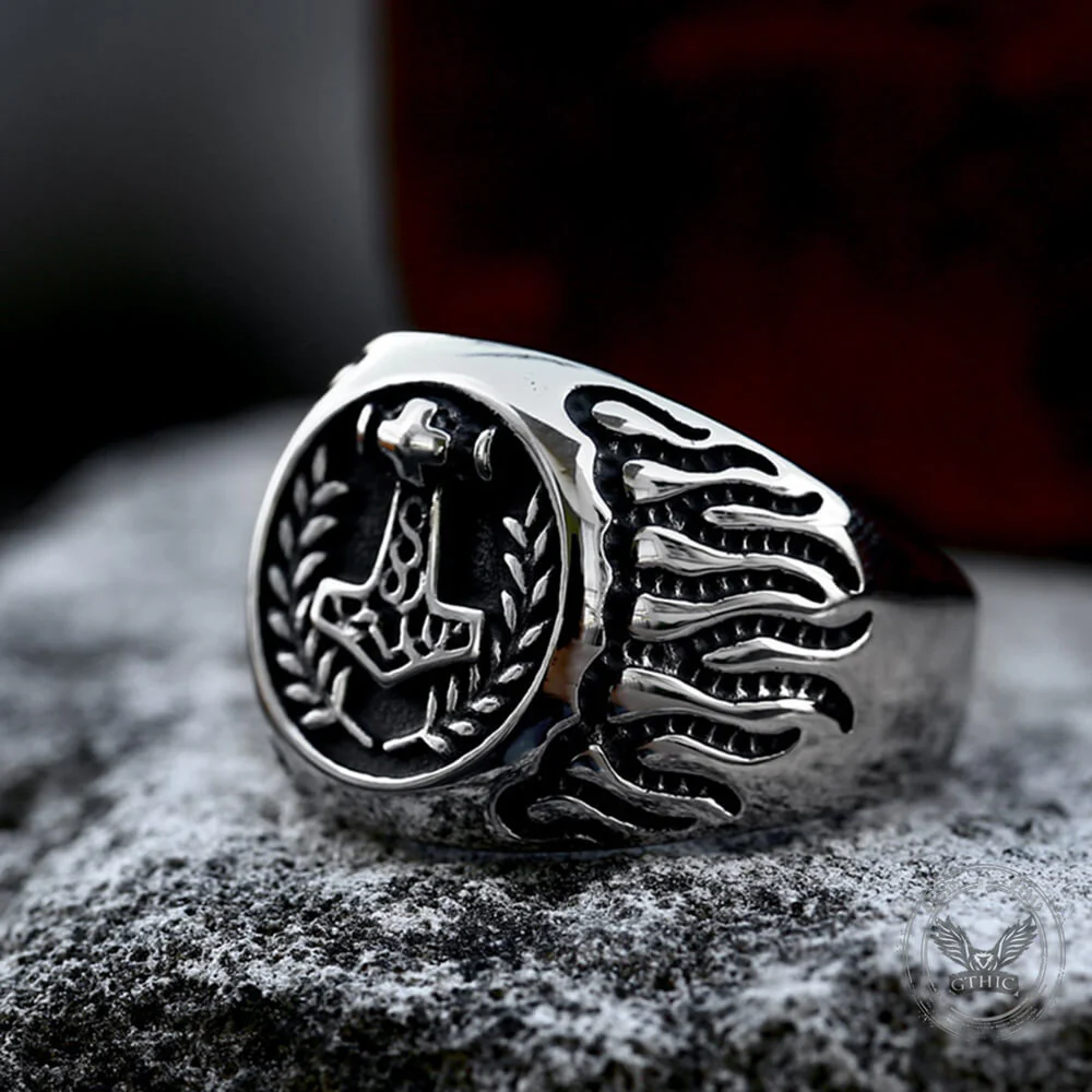 Retro Thor's Hammer Flame Stainless Steel Viking Ring