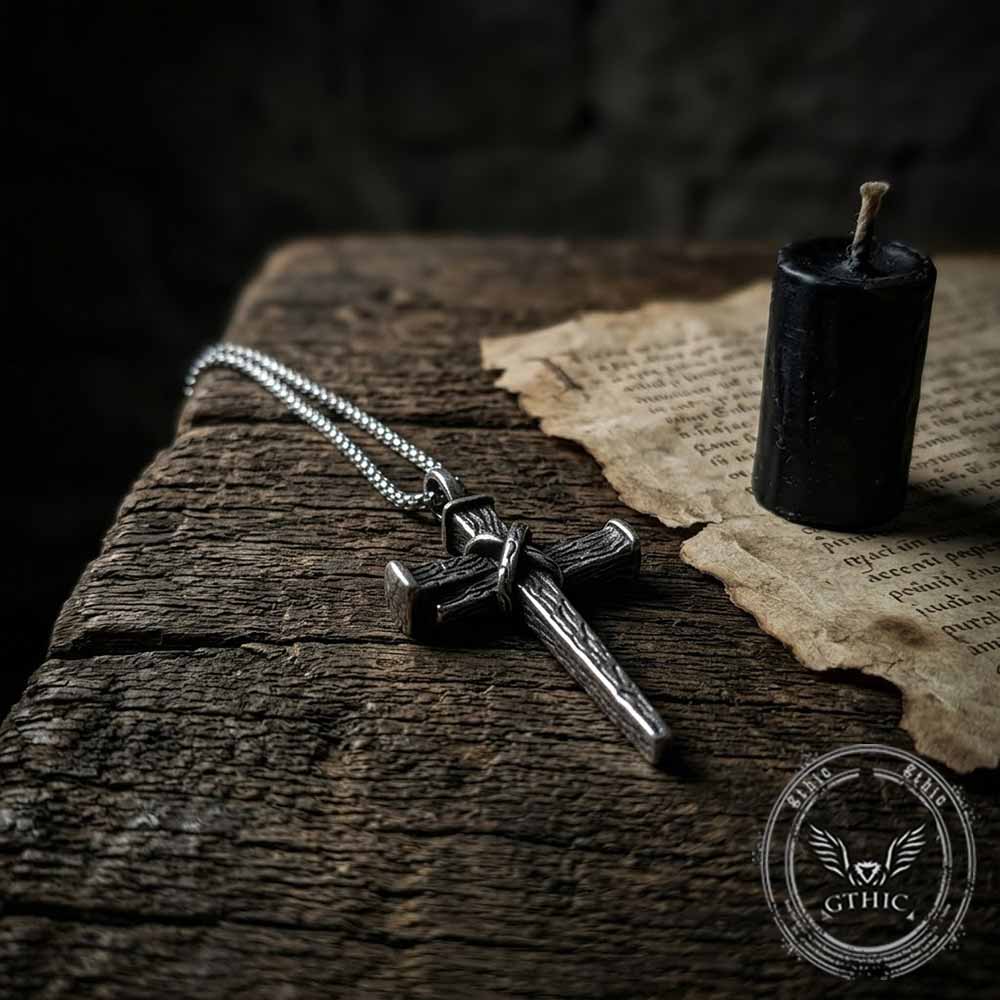 Retro Wooden Stake Cross Stainless Steel Pendant