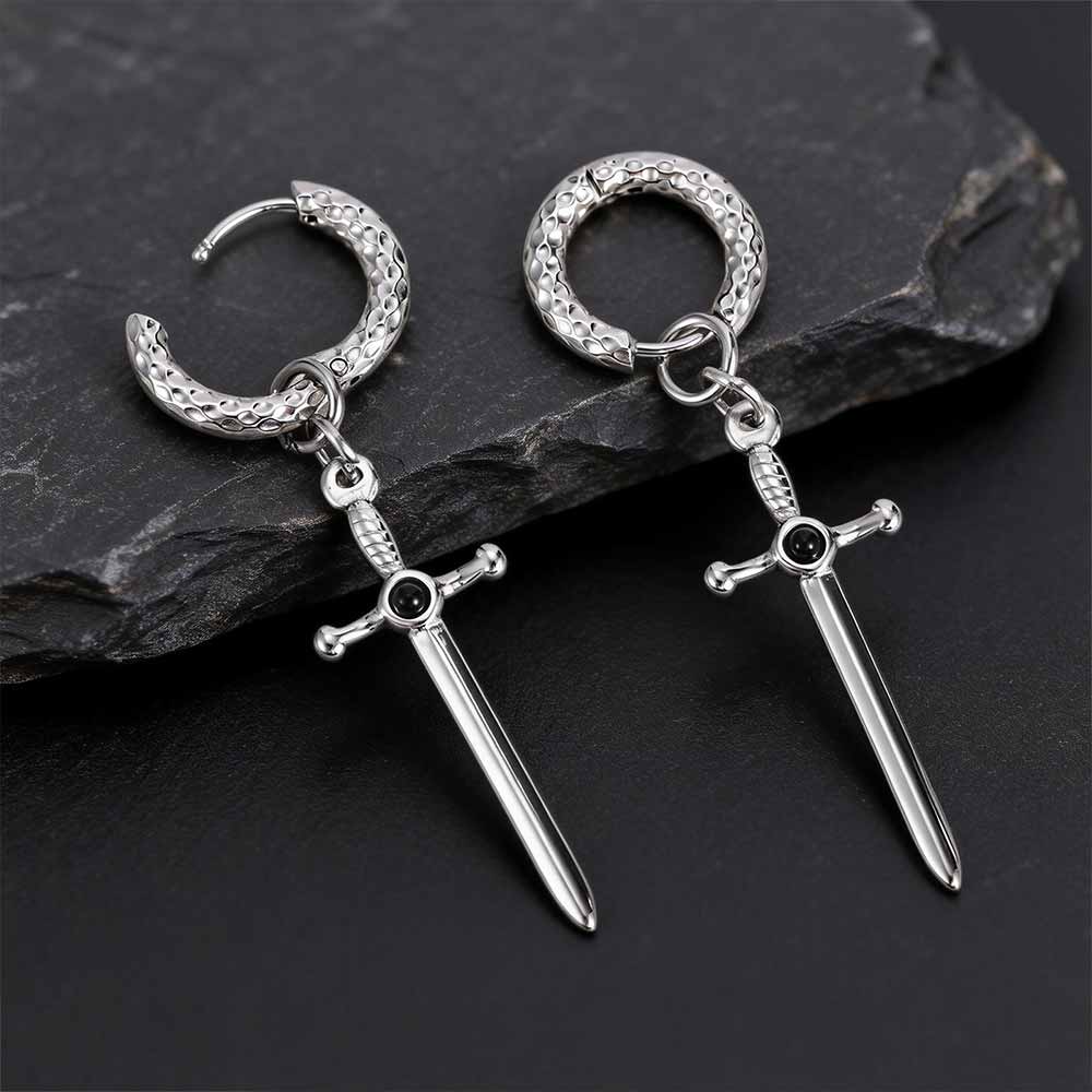 Vintage Gemstone Sword Cross Stainless Steel Earrings