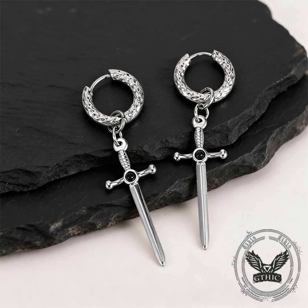 Vintage Gemstone Sword Cross Stainless Steel Earrings
