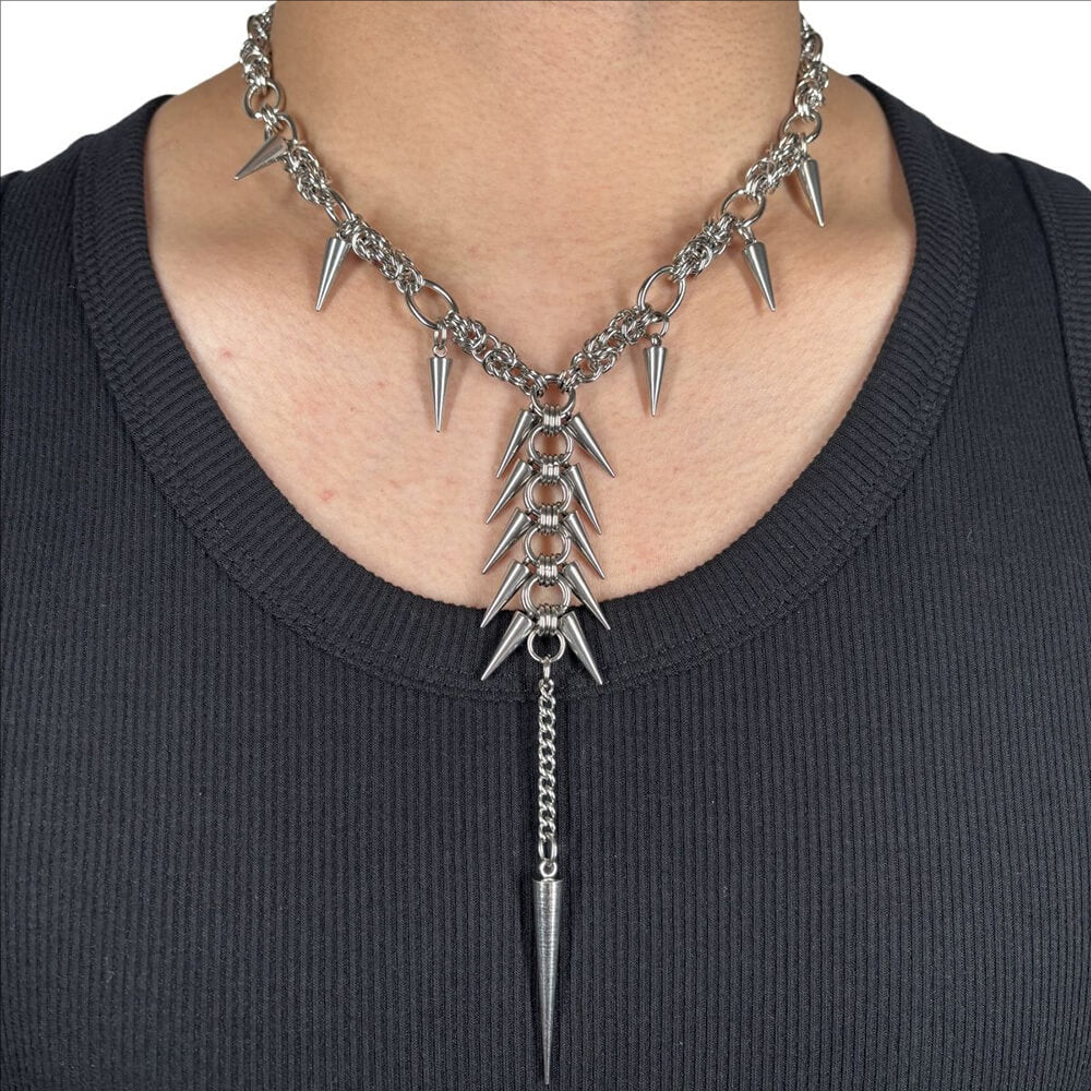Punk Irregular Studded Long Tassel Stainless Steel Necklace