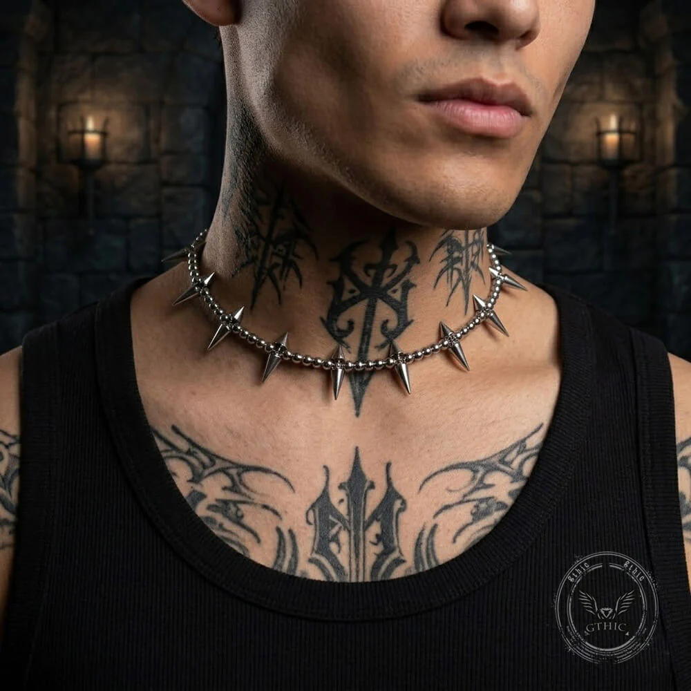 Punk Studded Cross-Beaded Stainless Steel Clavicle Necklace